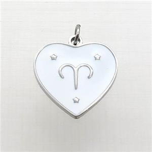 Raw Stainless Steel Heart Pendant White Enamel Zodiac Aries, approx 15mm