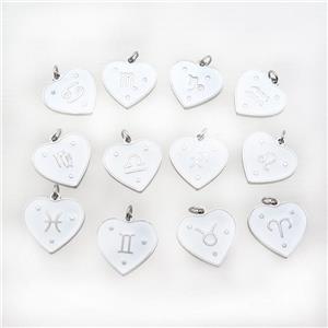 Raw Stainless Steel Heart Pendant White Enamel Zodiac Mixed, approx 15mm