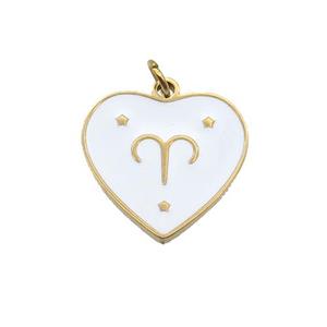 Stainless Steel Heart Pendant White Enamel Zodiac Aries Gold Plated, approx 15mm