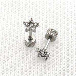 Raw Stainless Steel Stud Earrings Pave Rhinestone Flower, approx 5mm