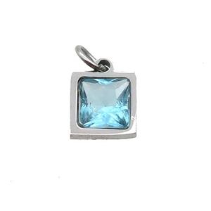 Raw Stainless Steel Square Pendant Pave Aqua Zircon, approx 6x6mm
