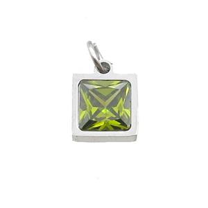 Raw Stainless Steel Square Pendant Pave Olive Zircon, approx 6x6mm