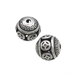 Stainless Steel Round Beads Hollow Antique Silver, approx 10mm