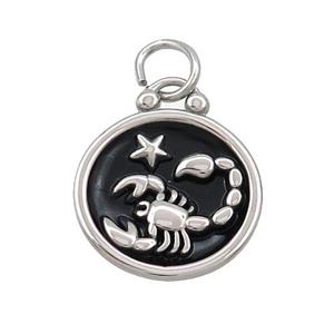 Raw Stainless Steel Scorpio Zodiac Charms Pendant Circle Black Enamel, approx 17mm dia