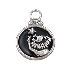 Raw Stainless Steel Leo Zodiac Charms Pendant Circle Black Enamel, approx 17mm dia