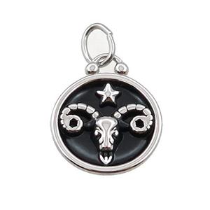 Raw Stainless Steel Aries Zodiac Charms Pendant Circle Black Enamel, approx 17mm dia