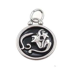 Raw Stainless Steel Virgo Zodiac Charms Pendant Circle Black Enamel, approx 17mm dia