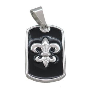 Raw Stainless Steel Fleur-De-Lis Charms Pendant Rectangle Black Enamel, approx 16-26mm