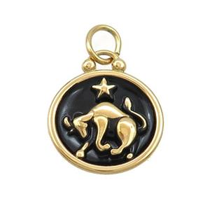 Stainless Steel Taurus Zodiac Charms Pendant Circle Black Enamel Gold Plated, approx 17mm dia