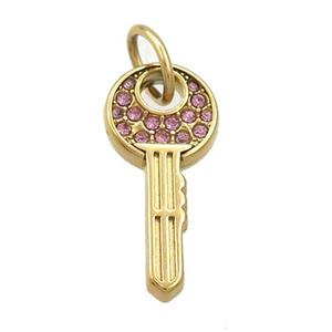 Stainless Steel Key Charms Pendant Pave Rhinestone Gold Plated, approx 10-22mm