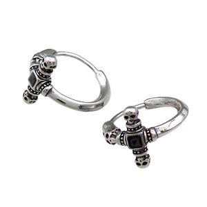 Stainless Steel Hoop Earrings Skull Pave Rhinestone Antique Silver, approx 15-16mm