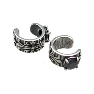 Stainless Steel Clip Earrings Pave Rhinestone Fleur De Lis Antique Silver, approx 13-15mm