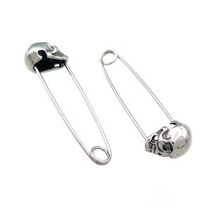 Stainless Steel Safety Pins Skull Antique Silver, approx 9-13mm, 40mm