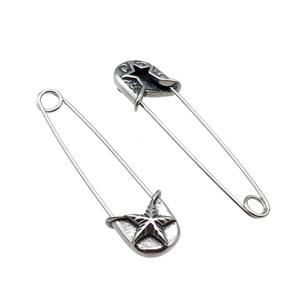 Stainless Steel Safety Pins Star Antique Silver, approx 9-13mm, 40mm