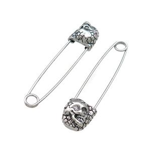 Stainless Steel Safety Pins Skull Antique Silver, approx 9-13mm, 40mm