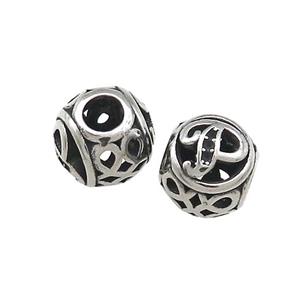 Titanium Steel Round Beads Letter-P Large Hole Hollow Antique Silver, approx 9-10mm, 4mm hole