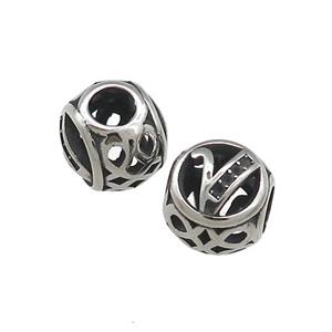 Titanium Steel Round Beads Letter-V Large Hole Hollow Antique Silver, approx 9-10mm, 4mm hole