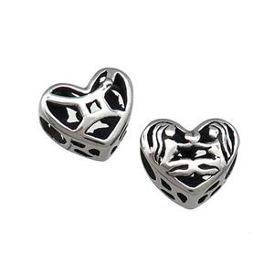 Titanium Steel Heart Beads Zodiac Gemini Large Hole Hollow Antique Silver, approx 12mm, 4mm hole