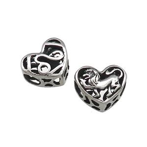 Titanium Steel Heart Beads Zodiac Leo Large Hole Hollow Antique Silver, approx 12mm, 4mm hole