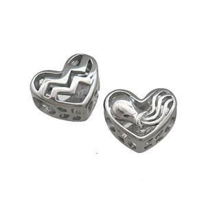 Raw Titanium Steel Heart Beads Zodiac Aquarius Large Hole Hollow, approx 12mm, 4mm hole