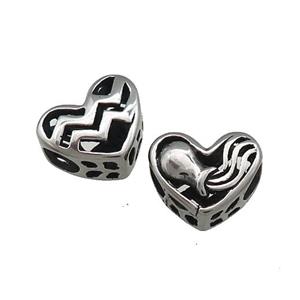 Titanium Steel Heart Beads Zodiac Aquarius Large Hole Hollow Antique Silver, approx 12mm, 4mm hole