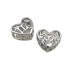 Raw Titanium Steel Heart Beads Zodiac Virgo Large Hole Hollow, approx 12mm, 4mm hole