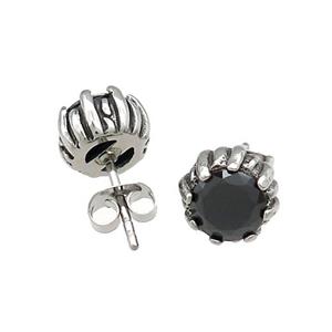 Stainless Steel Stud Earring Pave Rhinestone Lotus Antique Silver, approx 9mm