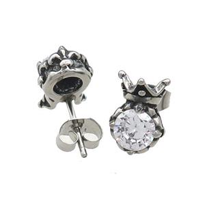 Stainless Steel Stud Earring Pave Rhinestone Crown Antique Silver, approx 8-12mm