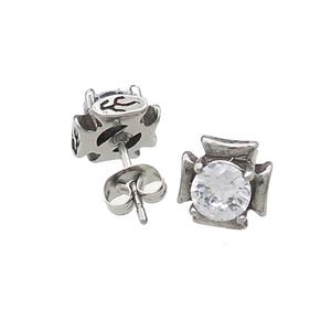 Stainless Steel Stud Earring Pave Rhinestone Antique Silver, approx 9mm