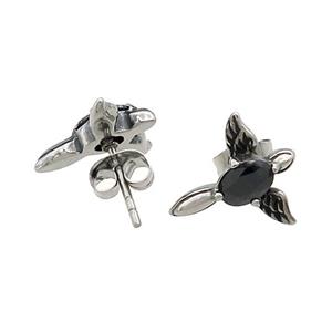 Stainless Steel Stud Earring Pave Rhinestone Angel Wings Antique Silver, approx 13-14mm