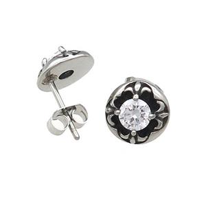 Stainless Steel Stud Earring Pave Rhinestone Flower Of Lily Antique Silver, approx 10mm