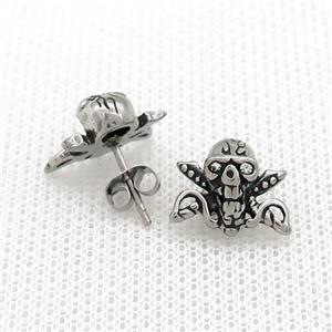 Stainless Steel Stud Earring Pave Rhinestone Skull Antique Silver, approx 11-14mm