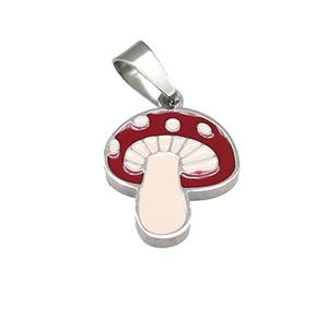 Raw Stainless Steel Mushroom Pendant Red Enamel, approx 12-14mm