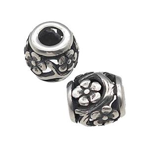 Titanium Steel Barrel Beads Large Hole Flower Hollow Antique Silver, approx 9-10mm, 4mm hole