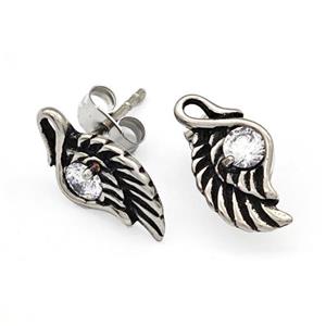 Stainless Steel Wings Stud Earrings Pave Rhinestone Antique Silver, approx 8-15mm