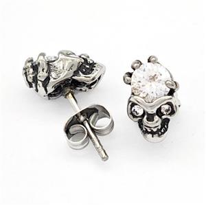 Stainless Steel Skull Stud Earrings Pave Rhinestone Antique Silver, approx 7-11mm