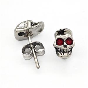 Stainless Steel Skull Stud Earrings Pave Rhinestone Antique Silver, approx 6-9mm