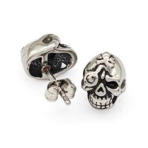 Stainless Steel Skull Stud Earrings Pave Rhinestone Antique Silver, approx 8-10mm