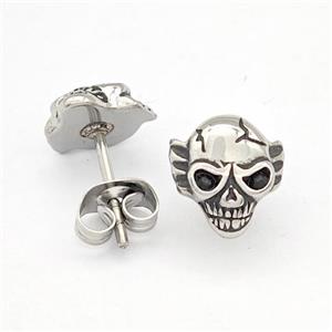 Stainless Steel Skull Stud Earrings Pave Rhinestone Antique Silver, approx 8-12mm