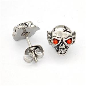 Stainless Steel Skull Stud Earrings Pave Rhinestone Antique Silver, approx 8-12mm