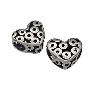 316 Stainless Steel Heart Beads Hollow Large Hole Antique Silver, approx 12mm, 4mm hole