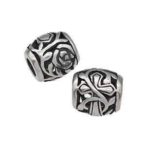 316 Stainless Steel Barrel Beads Cross Flower Hollow Large Hole Antique silver, approx 9-10mm, 4mm hole