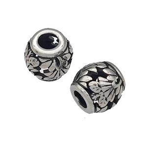 316 Stainless Steel Barrel Beads Flower Hollow Large Hole Antique silver, approx 9-10mm, 4mm hole