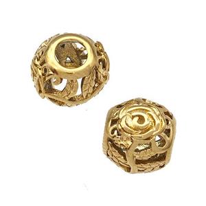 Stainless Steel Round Beads Flower Hollow Large Hole Gold Plated, approx 9-10mm, 4mm hole