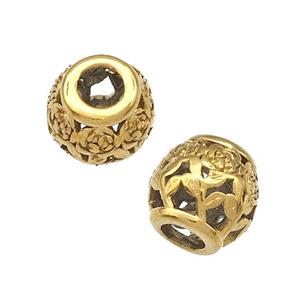 Stainless Steel Barrel Beads Flower Hollow Large Hole Gold Plated, approx 9-10mm, 4mm hole