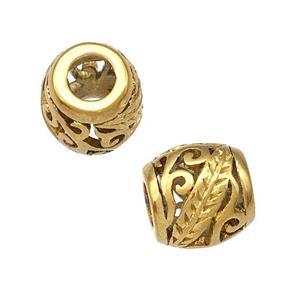 Stainless Steel Barrel Beads Hollow Large Hole Gold Plated, approx 9-10mm, 4mm hole