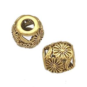 Stainless Steel Barrel Beads Flower Hollow Large Hole Gold Plated, approx 9-10mm, 4mm hole
