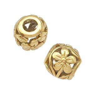 Stainless Steel Round Beads Flower Hollow Large Hole Gold Plated, approx 9-10mm, 4mm hole