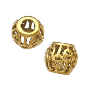 Stainless Steel Round Beads Hollow Large Hole Gold Plated, approx 9-10mm, 4mm hole