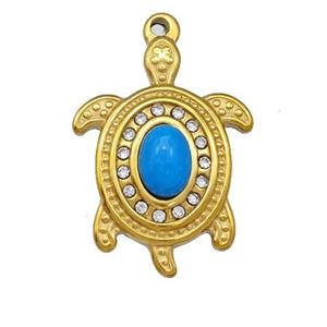 Stainless Steel Tortoise Pendant Pave Blue Synthetic Turquoise Rhinestone Gold Plated, approx 20-27mm